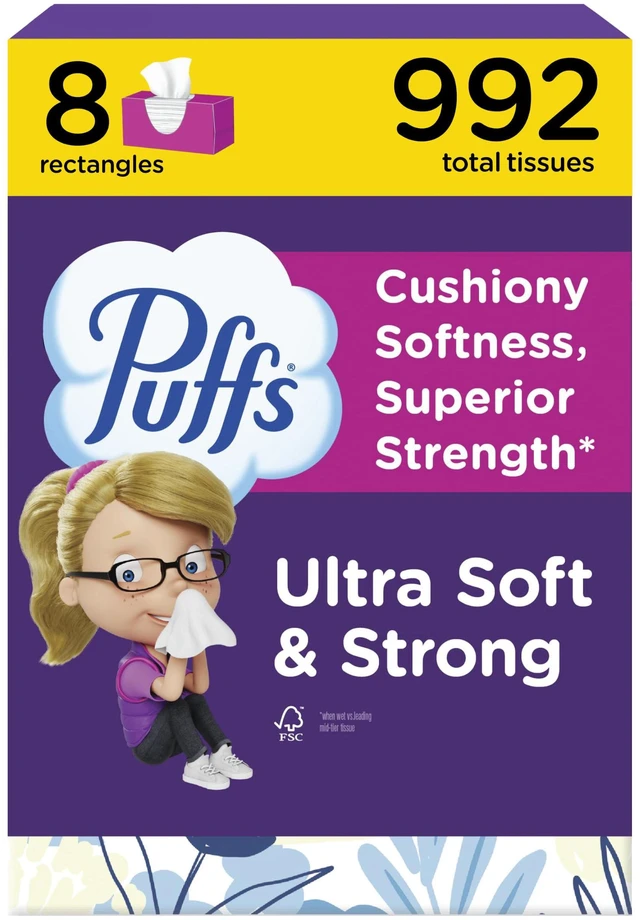 Main image of Puffs Ultra Soft Non-Lotion Facial Tissues, 8 Rectangle Boxes, 124 Tissues per Box, for Allergies and Colds (Packaging May Vary)