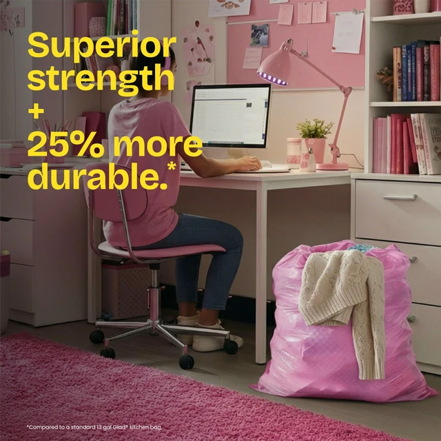 Alt view image 2 of 6 - Glad ForceFlex MaxStrength Tall Kitchen Trash Bags, Rip and Tear Resistant, Cherry Blossom Scented Pink, Odor Control with Febreze Freshness, 13 Gallon, 90 Count