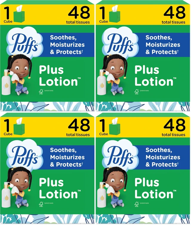Main image of Puffs Plus Lotion Facial Tissue, Pack of 4, 48 Tissues, Cube Box