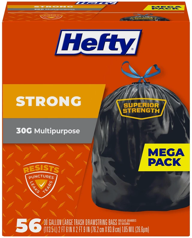 Main image of Hefty Strong 30 Gallon Trash Bags, Drawstring, Puncture, Leak, and Tear Resistant, Black, Unscented, 56 Bags