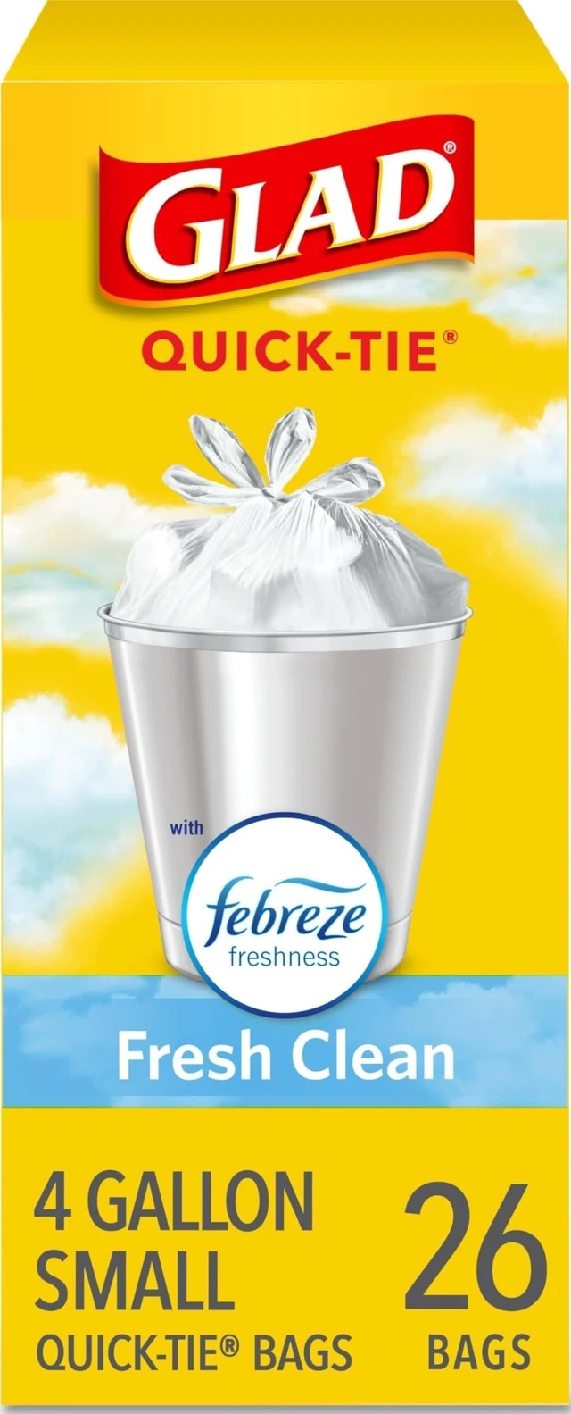 Main image of Glad Febreze Fresh Clean 4 Gallon Small Trash Bags, Odor Resistant with Quick Tie, 26 Count