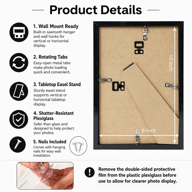 Alt view image 3 of 7 - JCJMY 6x10 Picture Frame Black, Wall Hanging or Tabletop, Horizontal or Vertical Mounting, Shatter Resistant Plexiglass