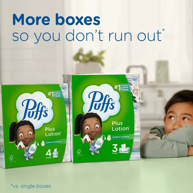 Alt view image 7 of 7 - Puffs Plus Lotion Facial Tissues, 4 Family Boxes, 124 tissues per box (Pack of 2)
