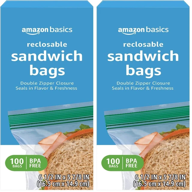 Main image of Amazon Basics Reclosable Double Zipper Sandwich Storage Bags for Food Storage, BPA Free, 100 Count (Pack of 2)