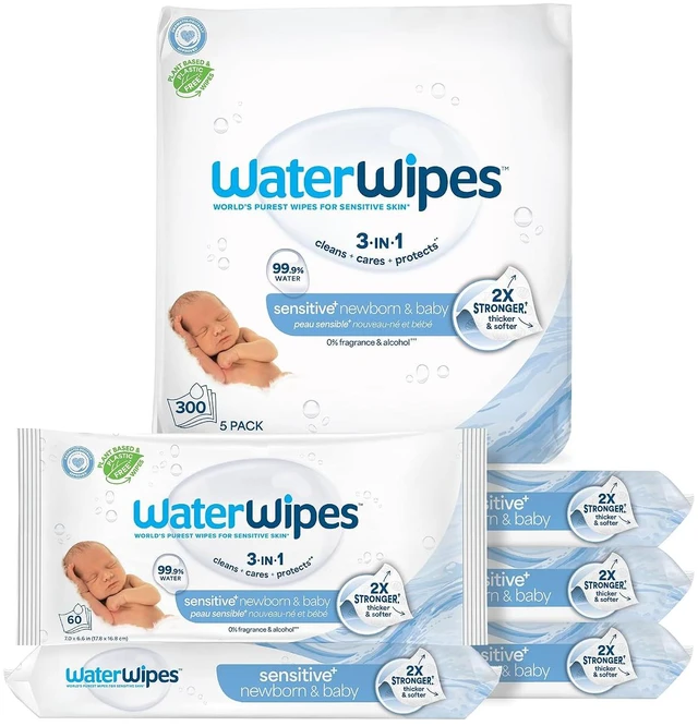 Main image of WaterWipes Sensitive+ Newborn & Baby Wipes, 3-In-1 Cleans, Cares, Protects, 99.9% Water, Unscented & Hypoallergenic, 300 Count (5 Packs)