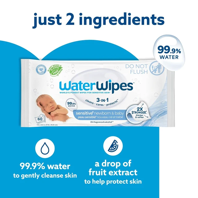 Alt view image 5 of 6 - WaterWipes Sensitive+ Newborn & Baby Wipes, 3-In-1 Cleans, Cares, Protects, 99.9% Water, Unscented & Hypoallergenic, 300 Count (5 Packs)