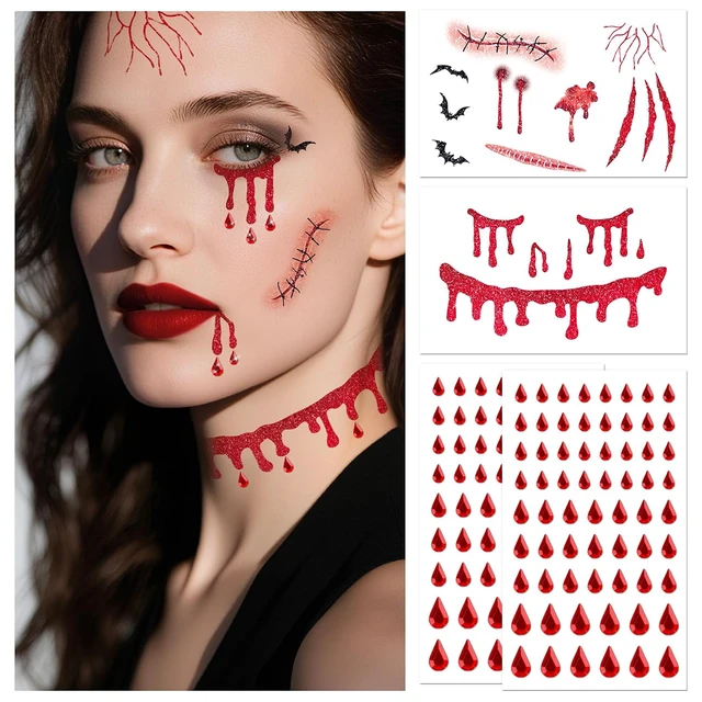 Alt view image 5 of 7 - Glitter Vampire Face Tattoos with Face Gems, Halloween Costumes Accessories