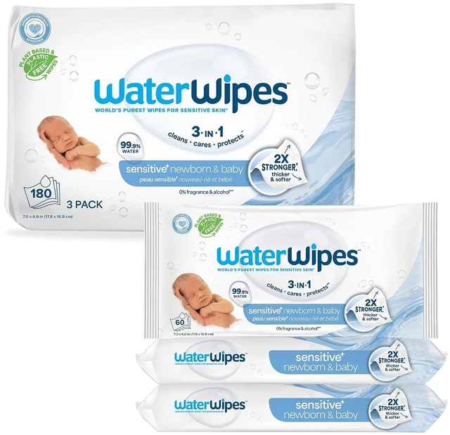 Main image of WaterWipes Sensitive+ Newborn & Baby Wipes, 3-In-1 Cleans, Cares, Protects, 99.9% Water, Unscented & Hypoallergenic, 180 Count (3 Packs)