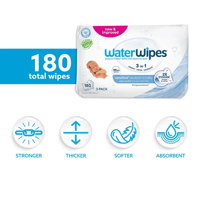 Alt view image 5 of 6 - WaterWipes Sensitive+ Newborn & Baby Wipes, 3-In-1 Cleans, Cares, Protects, 99.9% Water, Unscented & Hypoallergenic, 180 Count (3 Packs)