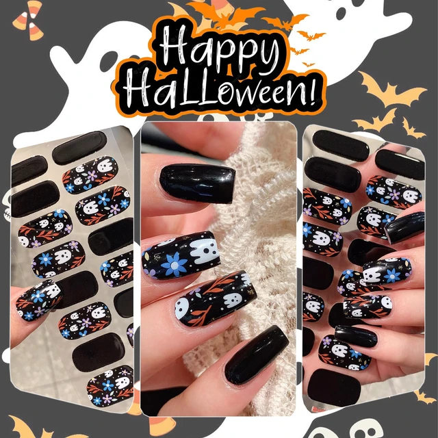 Alt view image 4 of 7 - 6 Sheets Horror Halloween Gel Nail Wraps Spider Web Flower Ghost Nail Polish Stickers Self-Adhesive Bat Pumpkin Spider Gel Nail Stickers Scary Halloween Holiday Nails Strips for Women