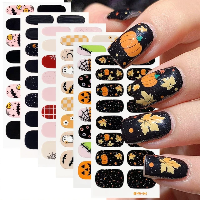 Main image of 6 Sheets Halloween Gel Nail Strips Ghost Bat Pumpkin Nail Polish Stickers Maple Leaf Pumpkins Thanksgiving Gel Nail Stickers Self-Adhesive Halloween Holiday Nail Polish Strips for Women Nail Decor