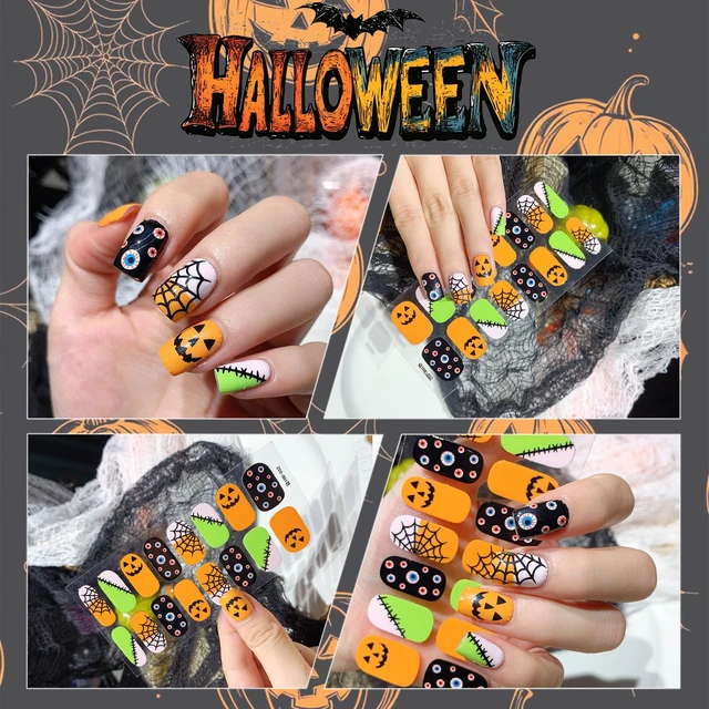 Alt view image 3 of 7 - 6 Sheets Halloween Gel Nail Strips Ghost Bat Pumpkin Nail Polish Stickers Maple Leaf Pumpkins Thanksgiving Gel Nail Stickers Self-Adhesive Halloween Holiday Nail Polish Strips for Women Nail Decor