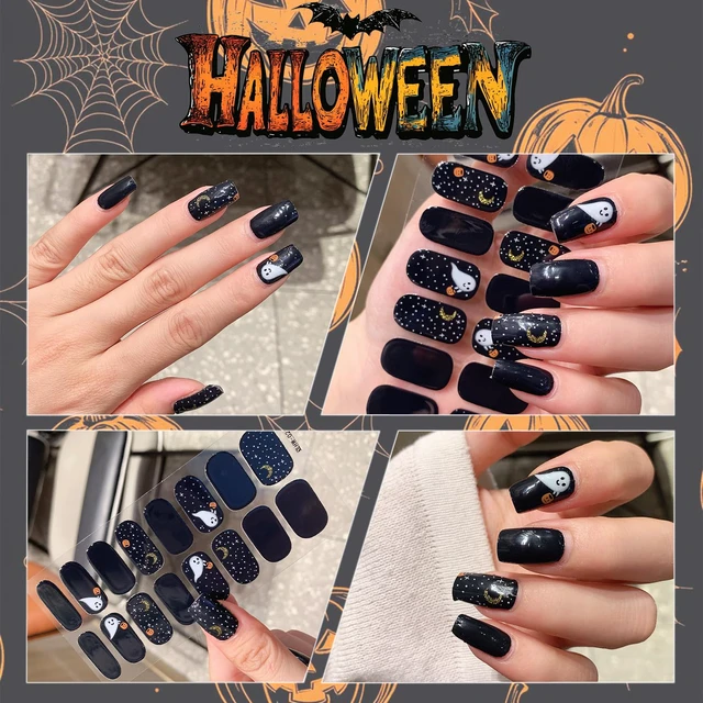 Alt view image 5 of 7 - 6 Sheets Halloween Gel Nail Strips Ghost Bat Pumpkin Nail Polish Stickers Maple Leaf Pumpkins Thanksgiving Gel Nail Stickers Self-Adhesive Halloween Holiday Nail Polish Strips for Women Nail Decor