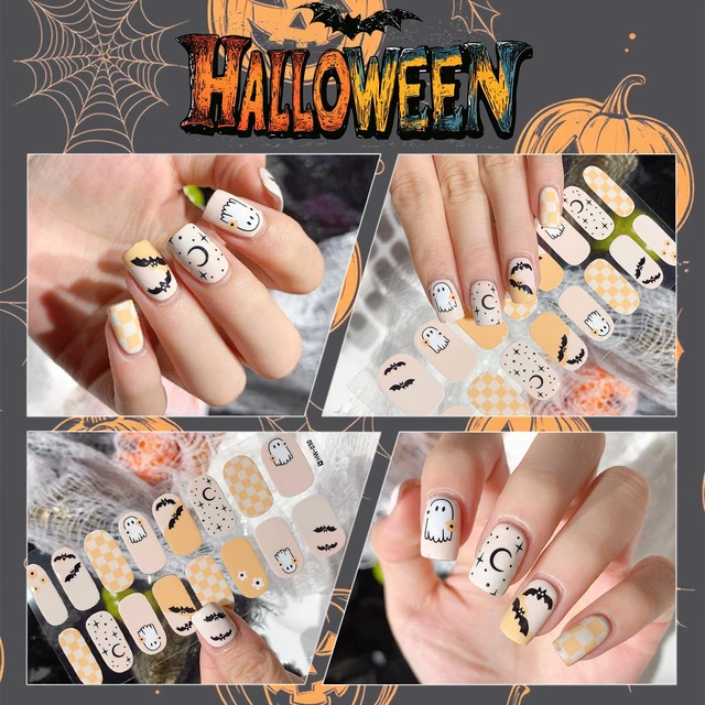 Alt view image 7 of 7 - 6 Sheets Halloween Gel Nail Strips Ghost Bat Pumpkin Nail Polish Stickers Maple Leaf Pumpkins Thanksgiving Gel Nail Stickers Self-Adhesive Halloween Holiday Nail Polish Strips for Women Nail Decor