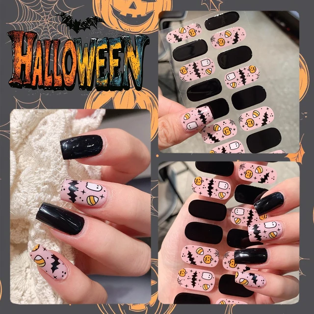 Alt view image 2 of 7 - 6 Sheets Halloween Gel Nail Strips Ghost Bat Pumpkin Nail Polish Stickers Maple Leaf Pumpkins Thanksgiving Gel Nail Stickers Self-Adhesive Halloween Holiday Nail Polish Strips for Women Nail Decor