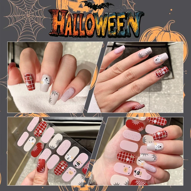 Alt view image 6 of 7 - 6 Sheets Halloween Gel Nail Strips Ghost Bat Pumpkin Nail Polish Stickers Maple Leaf Pumpkins Thanksgiving Gel Nail Stickers Self-Adhesive Halloween Holiday Nail Polish Strips for Women Nail Decor