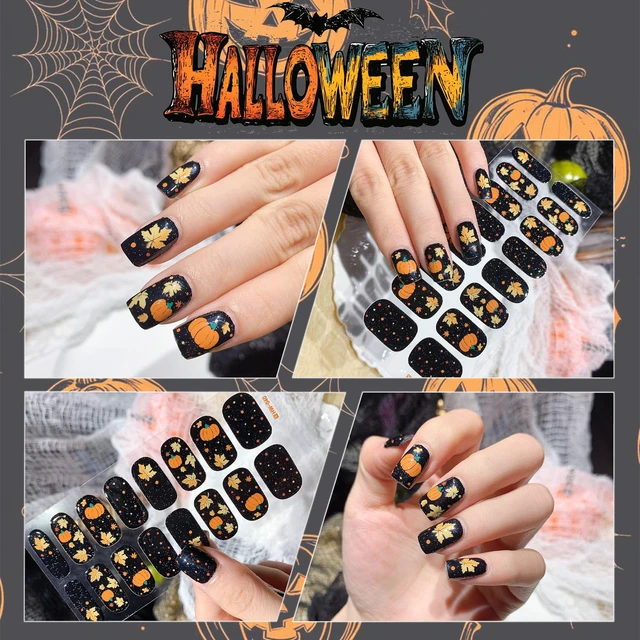 Alt view image 4 of 7 - 6 Sheets Halloween Gel Nail Strips Ghost Bat Pumpkin Nail Polish Stickers Maple Leaf Pumpkins Thanksgiving Gel Nail Stickers Self-Adhesive Halloween Holiday Nail Polish Strips for Women Nail Decor