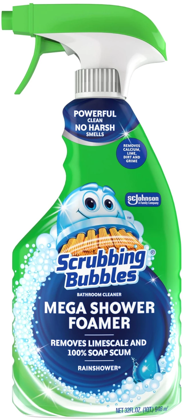 Main image of Scrubbing Bubbles Mega Shower Foamer Disinfecting Spray, Multi-Surface Bathroom and Tile Cleaner Grime Fighter, Removes 100% Soap Scum, Rainshower Scent, 32 oz