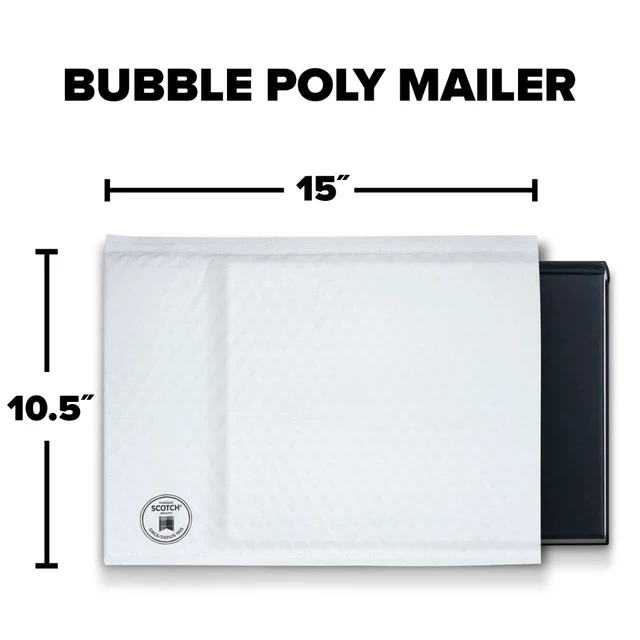Alt view image 2 of 7 - Scotch Poly Bubble Mailer, White, Large, Size 5, Inside Dimensions 10.5 IN x 15 IN, made with 50% recycled plastic