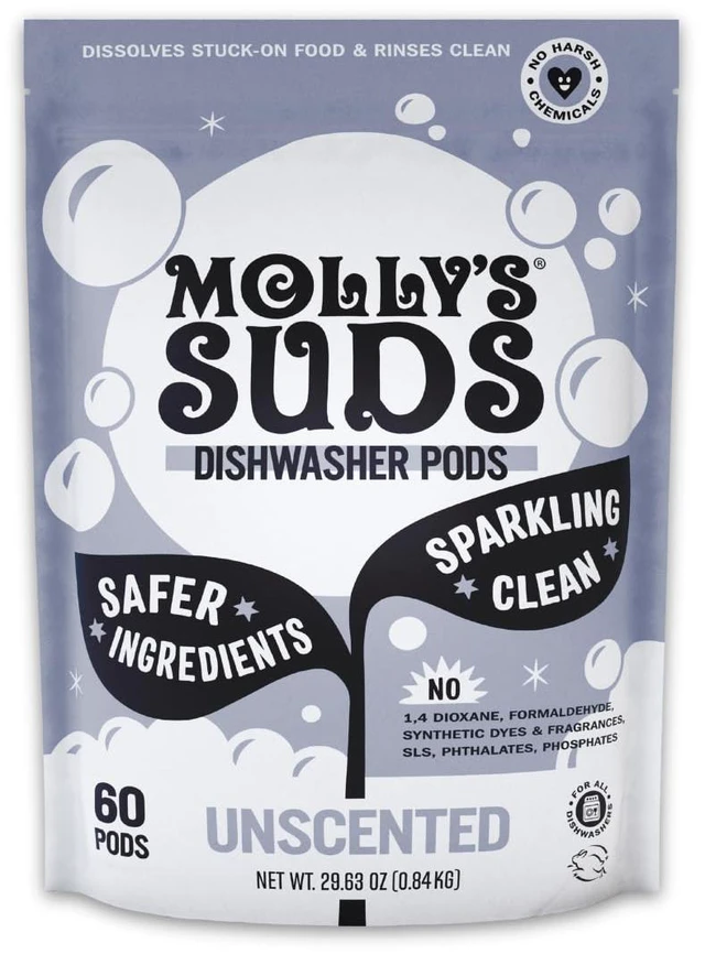 Main image of Molly's Suds Dishwasher Pods | Clean Dishwasher Detergent, Cuts Grease & Rinses Clean (Residue-Free) for Sparkling Dishes | 60 Auto-Release Tabs (Unscented)