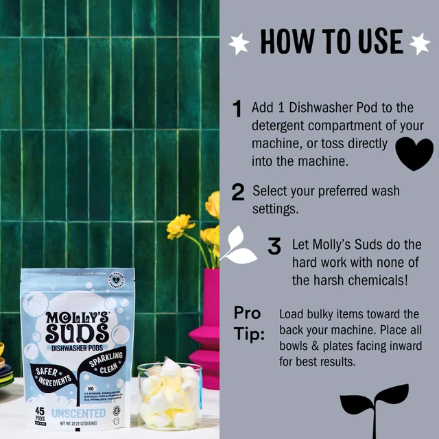 Alt view image 4 of 5 - Molly's Suds Dishwasher Pods | Clean Dishwasher Detergent, Cuts Grease & Rinses Clean (Residue-Free) for Sparkling Dishes | 60 Auto-Release Tabs (Unscented)