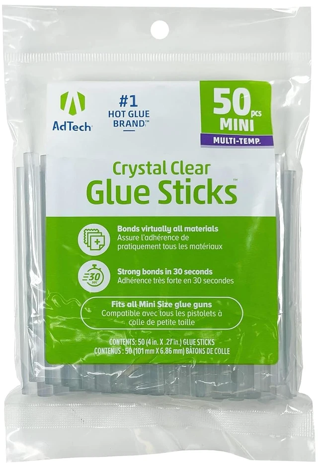 Main image of AdTech Mini Hot Glue Sticks, 4" Length, 50 Pack, Crystal Clear, Multi-Temp for High and Low Temp Glue Guns, Acid-Free