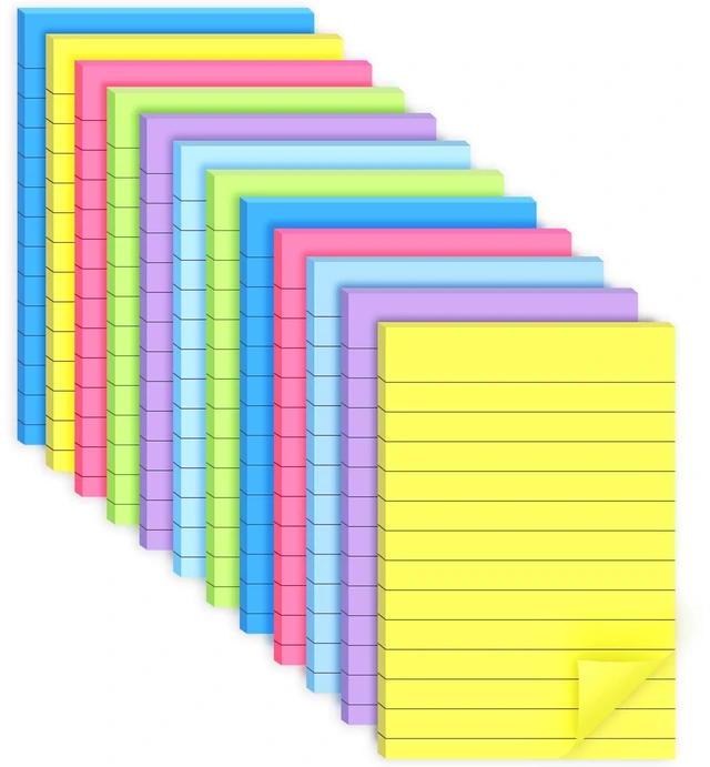 Main image of 12 Pack Lined Sticky Notes 4x6 in Bright Colors Self-Stick Note Pads, Bulk Memo for School Office Meeting