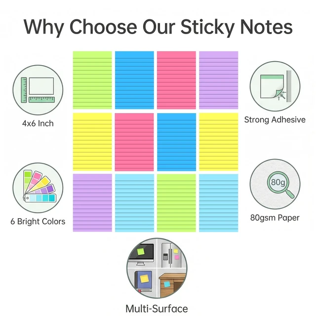Alt view image 3 of 7 - 12 Pack Lined Sticky Notes 4x6 in Bright Colors Self-Stick Note Pads, Bulk Memo for School Office Meeting