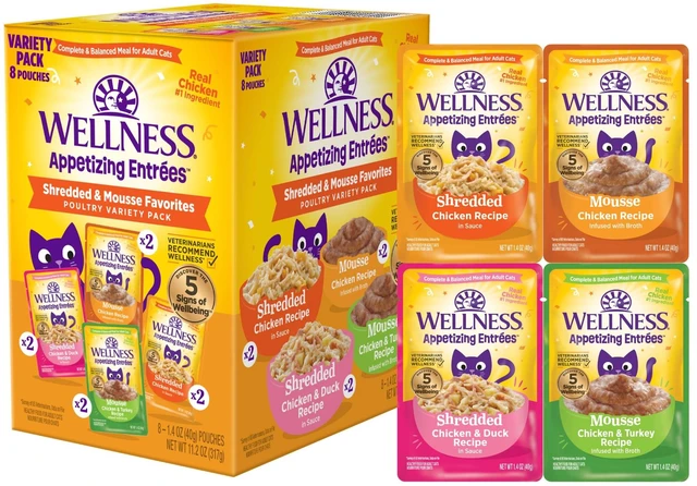 Main image of Wellness Appetizing Entres Shredded and Mousse Variety Pack Adult Wet Cat Food, Natural, Protein Rich, Grain Free, Poultry Recipes, 1.4oz, Pack of 8 Pouches
