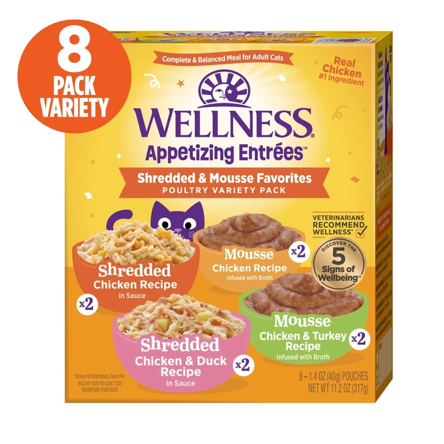 Alt view image 5 of 6 - Wellness Appetizing Entres Shredded and Mousse Variety Pack Adult Wet Cat Food, Natural, Protein Rich, Grain Free, Poultry Recipes, 1.4oz, Pack of 8 Pouches