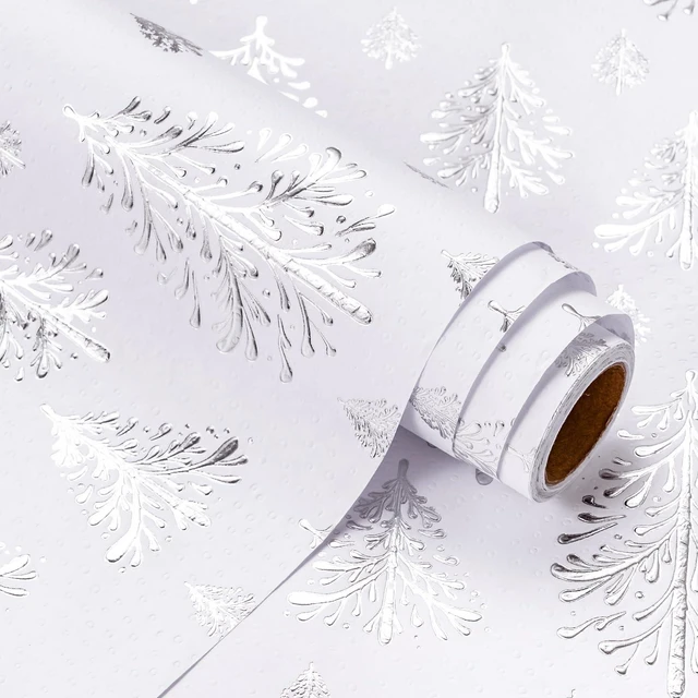 Main image of WRAPAHOLIC 3D Kraft Christmas Wrapping Paper Roll, 17 x 16.5 Feet, Silver and White Christmas Tree, Embossed, for Holiday Party Celebration
