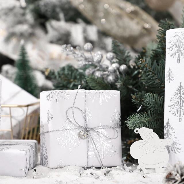 Alt view image 4 of 6 - WRAPAHOLIC 3D Kraft Christmas Wrapping Paper Roll, 17 x 16.5 Feet, Silver and White Christmas Tree, Embossed, for Holiday Party Celebration