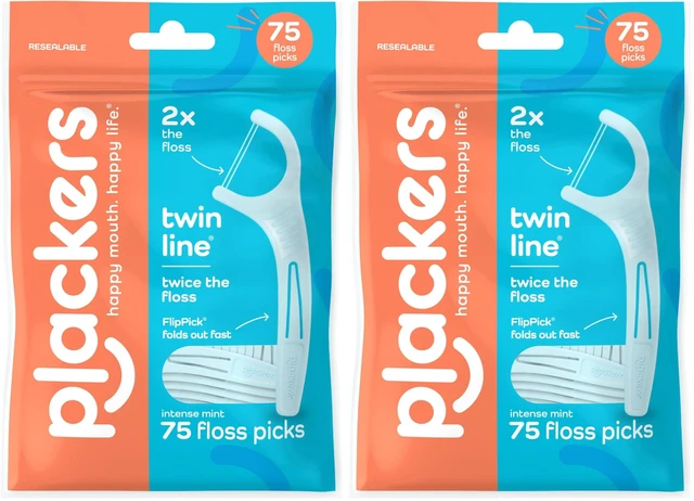 Main image of Plackers Twin Line Dental Floss Picks, Dual-Line Tuffloss, Easy Storage, Cool Mint Flavor, 75 Count (Pack of 2)