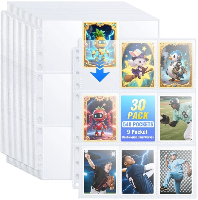 Main image of 30 Pack 540 Pocket Double-Sided 9 Pocket Trading Card Binder Pages for 3 Ring Binder, Clear Plastic Pages for Sport and Game Cards