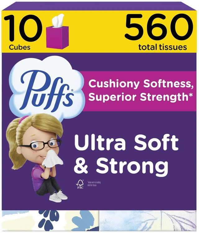Main image of Puffs Ultra Soft Non-Lotion Facial Tissue, 10 Cube Boxes, 56 Tissues per Box, for Allergies and Colds