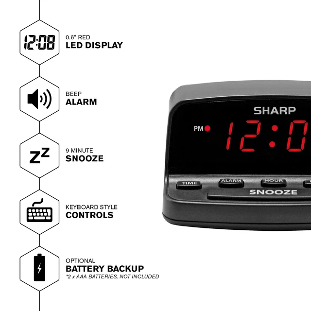 Alt view image 5 of 6 - SHARP Digital Alarm Clock, Midnight Black, Keyboard Controls, Red LED Display