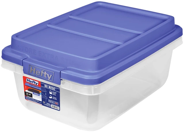 Main image of Hefty HI-RISE 18 Quart Small Latching Storage Bin, Clear Plastic Storage Container with Latch HI-RISE Lid, Blue