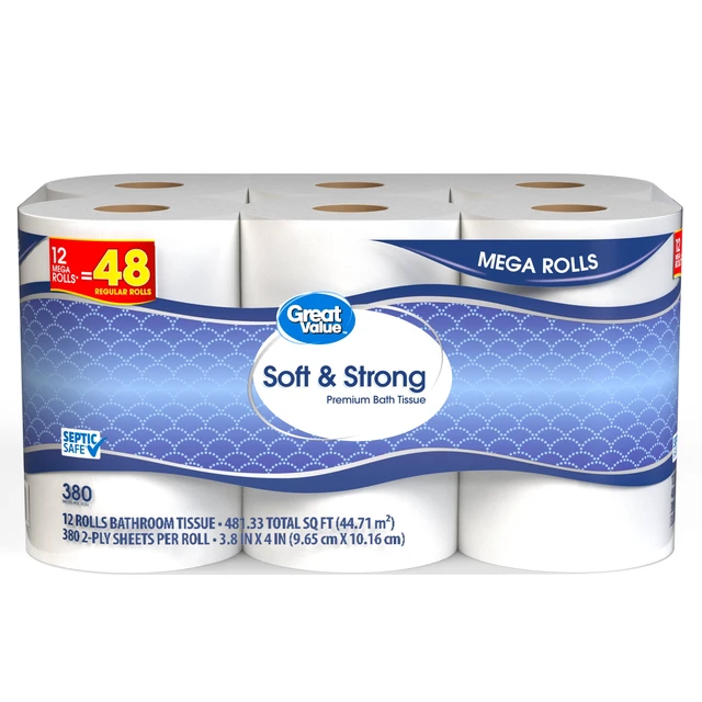 Alt view image 2 of 6 - Great Value Soft & Strong Toilet Paper, 12 Mega Rolls, 380 Sheets per Roll