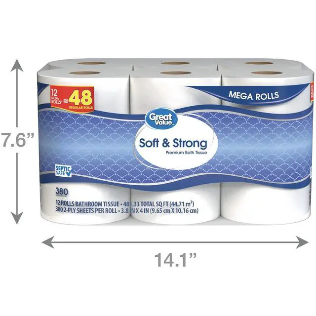 Alt view image 3 of 5 - Great Value Soft & Strong Toilet Paper, 12 Mega Rolls, 380 Sheets per Roll