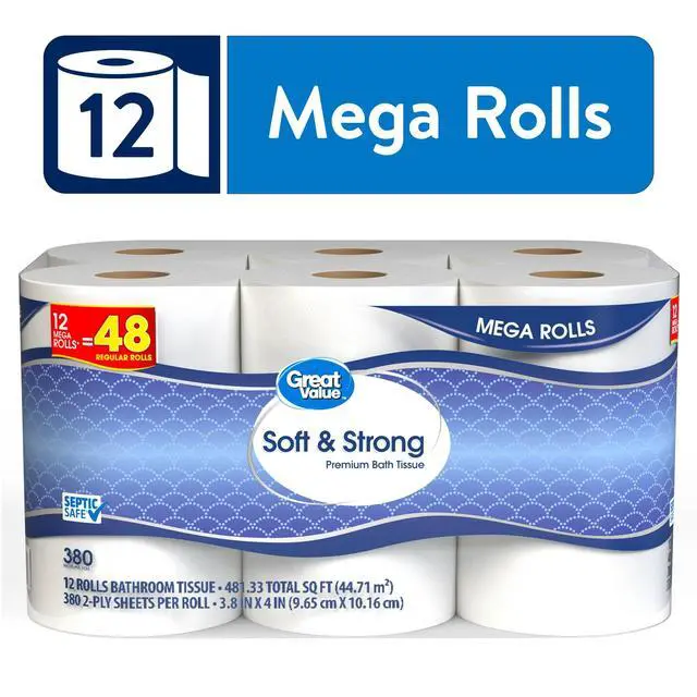 Alt view image 2 of 5 - Great Value Soft & Strong Toilet Paper, 12 Mega Rolls, 380 Sheets per Roll