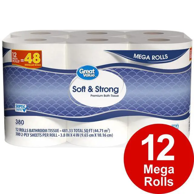 Alt view image 4 of 5 - Great Value Soft & Strong Toilet Paper, 12 Mega Rolls, 380 Sheets per Roll