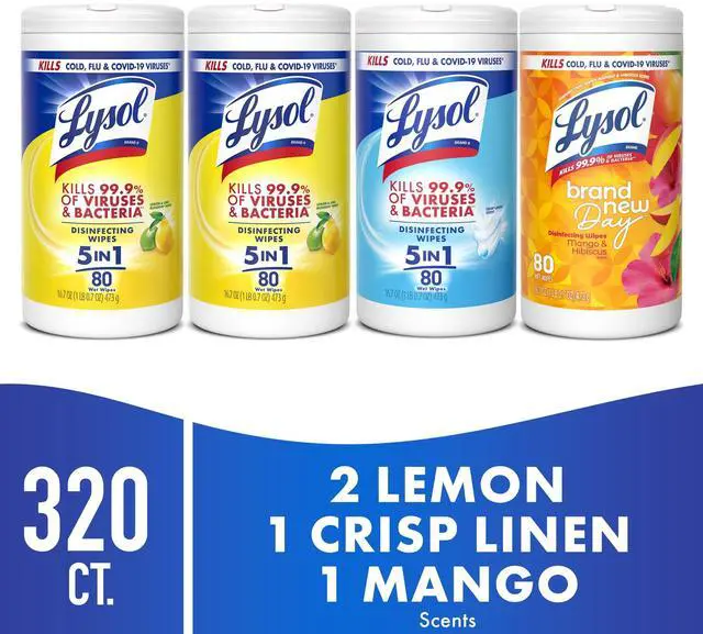 Alt view image 7 of 7 - Lysol Disinfecting Wipes, All Purpose Cleaner, Multi Surface Antibacterial Cleaning Wipes, Cleaning Supplies, Lemon + Mango & Hibiscus + Crisp Linen Scent, 80 Count Each (Pack of 4)