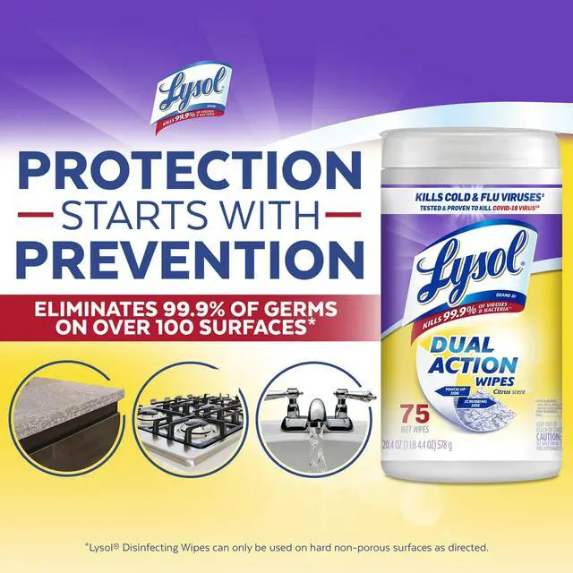 Alt view image 6 of 6 - Lysol Dual Action Disinfectant Wipes, Multi-Surface Antibacterial Scrubbing Wipes, For Disinfecting and Cleaning, Citrus Scent, 75 Count