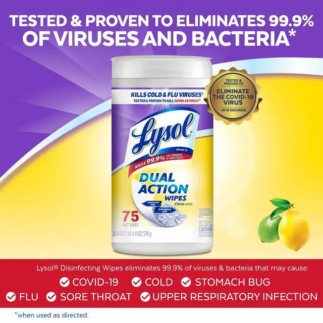 Alt view image 4 of 6 - Lysol Dual Action Disinfectant Wipes, Multi-Surface Antibacterial Scrubbing Wipes, For Disinfecting and Cleaning, Citrus Scent, 75 Count