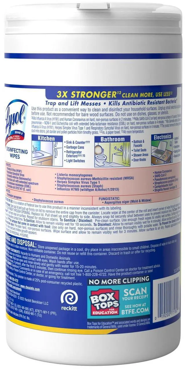 Alt view image 3 of 7 - Lysol Disinfecting Wipes, All Purpose Cleaner, Multi Surface Antibacterial Cleaning Wipes, Cleaning Supplies, Lemon & Lime Blossom Scent, 80 Count