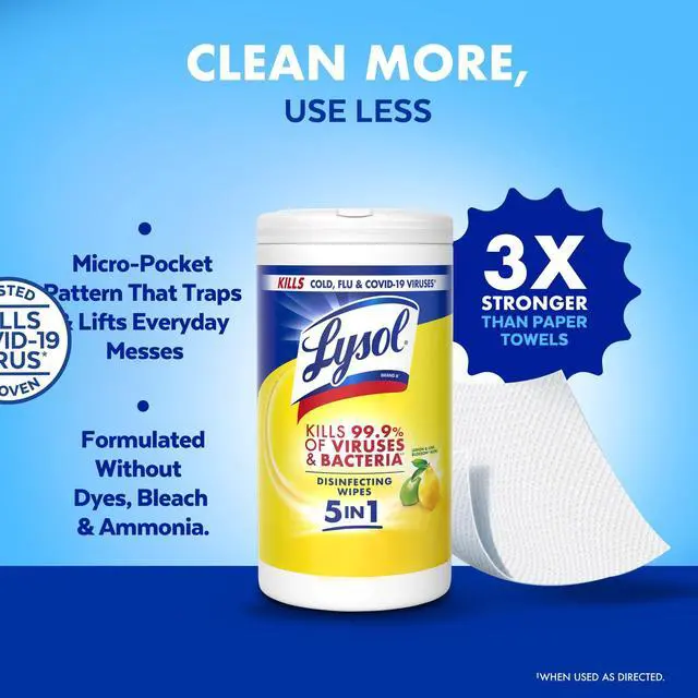 Alt view image 4 of 7 - Lysol Disinfecting Wipes, All Purpose Cleaner, Multi Surface Antibacterial Cleaning Wipes, Cleaning Supplies, Lemon & Lime Blossom Scent, 80 Count
