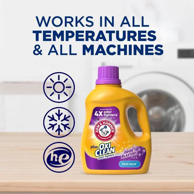 Alt view image 7 of 7 - ARM & HAMMER Plus OxiClean with Odor Blasters Liquid Detergent, Fresh Burst, 96.2 fl oz, 74 Loads