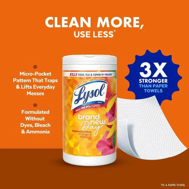 Alt view image 7 of 7 - Lysol Disinfecting Wipes, All Purpose Cleaner, Multi Surface Antibacterial Cleaning Wipes, Cleaning Supplies, Mango & Hibiscus Scent, 80 Count