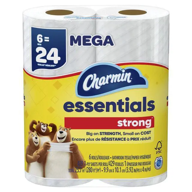 Alt view image 3 of 6 - Charmin Essentials Strong Toilet Paper 6 Mega Rolls, 429 Sheets Per Roll