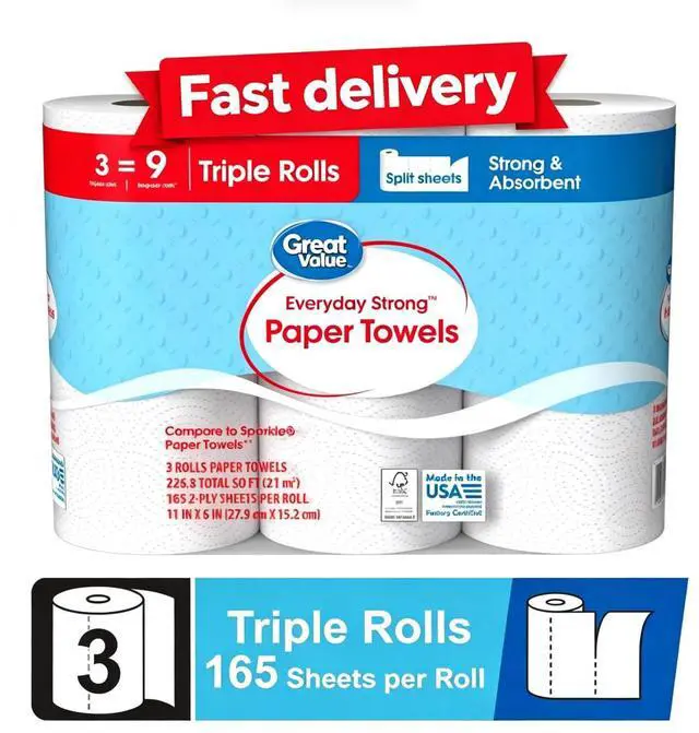 Main image of Great Value Everyday Strong Paper Towels, 3 Triple Rolls